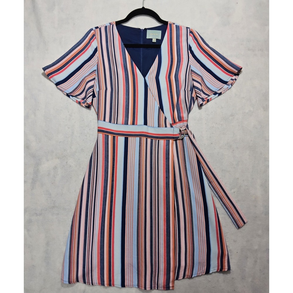 Anthropologie Skies Are Blue Dress Sz XS 2 / 4 Wrap Vertical Stripes A-line Pink